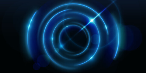 Wall Mural - neon light flare circles on black background. vector realistic illustration of round blue lines glow