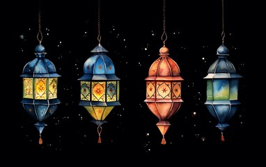 Wall Mural - Four ornate hanging lanterns illuminate the night sky.