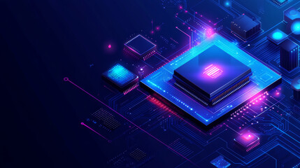 Wall Mural - a dark blue background shows a computer chip and other electronics. it's a 3d image of a cpu on a ci