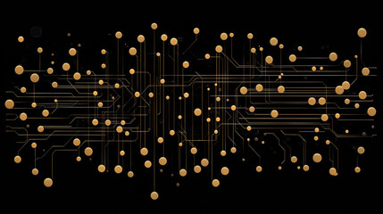A dark background shows gold circuitry and connecting dots.  It depicts a futuristic computer chip or semiconductor.  This digital image represents advanced technology.