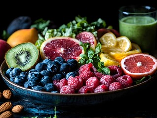 Wall Mural - A vibrant assortment of fresh fruits and greens arranged artistically on a plate, showcasing blueberries, raspberries, kiwi, and citrus slices.