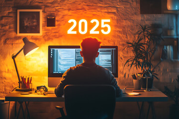 Wall Mural - coding the future: a programmer's night in 2025. a captivating image of a programmer working late in