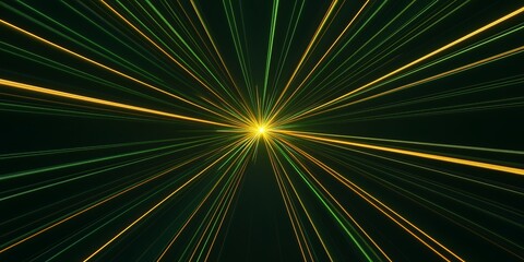 Wall Mural - dynamic abstract background with radiating green and gold lines converging at a bright center.