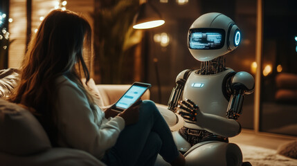 A robot or cyborg uses AI to chat online.  It helps people through messaging, offering tech support and internet assistance.