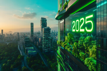 Wall Mural - Vision 2025: A Greener Urban Future. Eco-friendly skyscrapers and sustainable city design. A glimpse into a future metropolis with innovative architecture and technology.