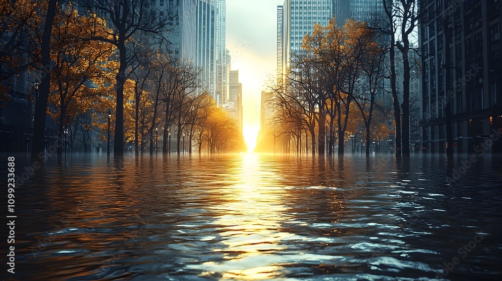 Aerial view of a flooded modern city skyline with tall office towers ...