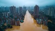 © Heng Heng - AI Stock - A photography of a densely populated metropolis overwhelmed by floodwaters with high rise buildings in the background leaving space for content on disaster response and climate change resilience