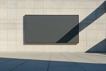 Wall Mural - Blank dark gray screen mounted on a light beige concrete wall. Minimalist modern architecture.