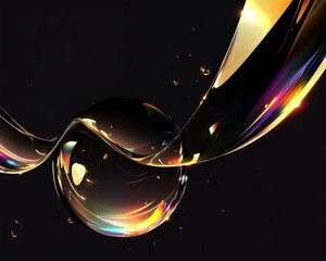 Wall Mural - abstract liquid art. glowing sphere and ribbons of iridescent liquid swirl in dark background.