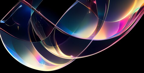Wall Mural - abstract art featuring iridescent, swirling shapes on a black background.