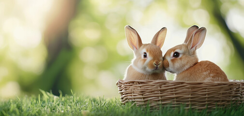 Wall Mural - Cute rabbits sharing moment in cozy basket on lush green grass, surrounded by soft, blurred background of nature. Their playful interaction brings joy and warmth