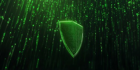 Wall Mural - Digital shield glowing in green, data streams falling.