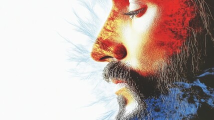 Wall Mural - Close-up profile of a man's face, beard, and mustache.  Warm and cool tones contrast against a bright background.