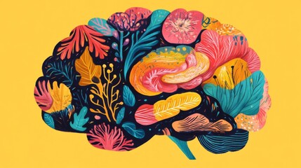 Aufkleber - Colorful Illustration of a Brain Filled with Vibrant Floral Elements