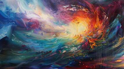 Wall Mural - the artist's brush dancing across the canvas in an action painting, creating a whirlwind of color an
