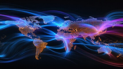 Leinwandbilder - Colorful Abstract World Map with Light Trails in Dark Background