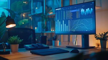 Canvas Print - a professional office setup with a large screen displaying a billing tracker spreadsheet and a glowi