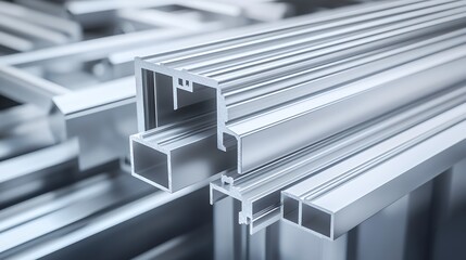 Wall Mural - close-up view of various aluminum profiles stacked together, showcasing their metallic sheen and pre