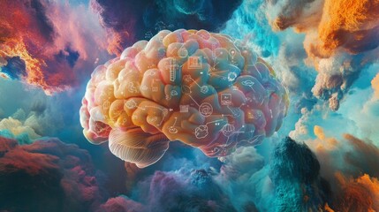 Poster - Colorful Abstract Brain Surrounded by Vibrant Cloudy Background