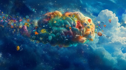 Aufkleber - Colorful Cloud with Icons Representing Ideas and Creativity in Space