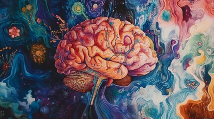 Poster - Vibrant Artistic Representation of a Human Brain with Cosmic Elements