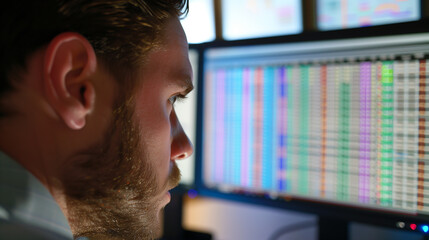 Canvas Print - close-up of a financial analyst working on a spreadsheet, highlighting online billing records with c