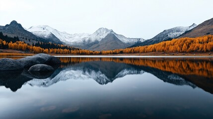  Tranquil lake with clear reflection of snow-capped mountains and golden autumn trees in a serene landscape