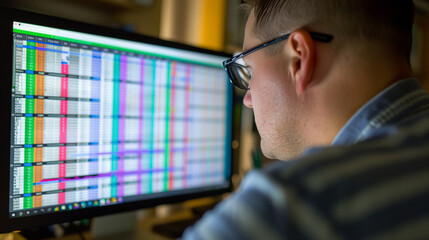 Canvas Print - close-up of a financial analyst working on a spreadsheet, highlighting online billing records with c