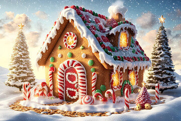 Poster - Festive gingerbread house decorated for Christmas with candy and icing, surrounded by snow and Christmas trees.