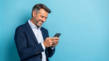 Banner portrait of handsome 30s 40s old businessman using telephone mobile cellphone. Mature smiling freelance man entrepreneur holding smartphone device isolated on blue background with copy space