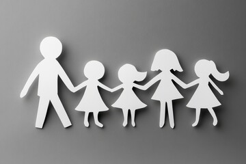 Family made of paper figures holding hands against a grey background symbolizing unity and love