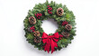 © Sweetrose official  - A beautifully crafted round Christmas wreath designed for door decoration, featuring lush green foliage adorned with bright red berries, rustic pinecones, and a large elegant red bow at the bottom.