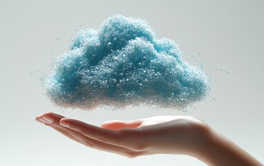 Fototapete - Hand holding holographic cloud symbol with data upload sign, white background, concept of cloud computing and data storage, highdefinition realism