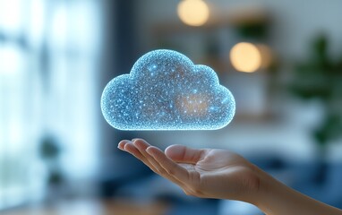 Poster - Hand holding holographic cloud symbol with data upload sign, white background, concept of cloud computing and data storage, highdefinition realism