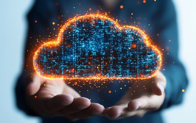 Poster - Hand holding holographic cloud symbol with data upload sign, white background, concept of cloud computing and data storage, highdefinition realism