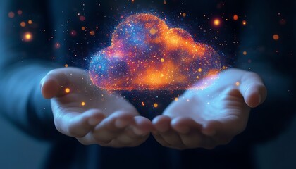 Fototapete - Holographic cloud symbol with data upload icon held by hand, white background, concept of cloud computing and data storage, ultrarealistic textures