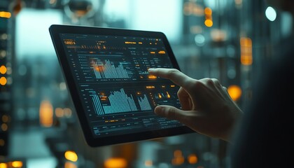 Fototapete - Business professional working with tablet showing financial data charts and floating binary code holograms, modern corporate environment