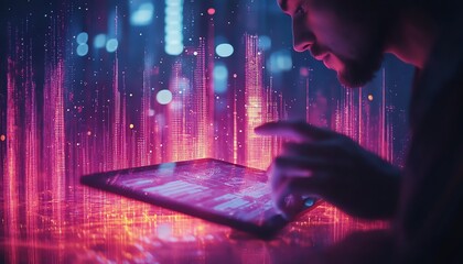 Fototapete - Business professional working with tablet showing financial data charts and floating binary code holograms, modern corporate environment