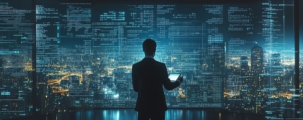 Poster - Businessperson analyzing financial data on tablet with holographic charts and binary code, set in a cuttingedge office space