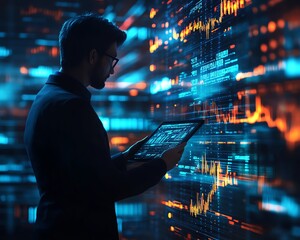Fototapete - Dynamic businessperson holding tablet with 3D financial graphs and holographic binary code, modern office interior, futuristic look
