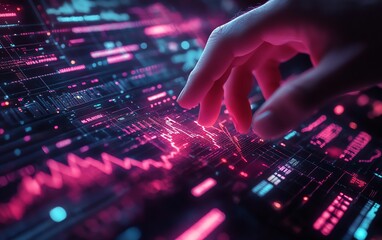 Aufkleber - Futuristic hand interacting with live financial data charts and algorithmic lines on a glowing, interactive interface