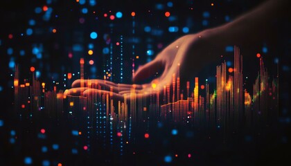 Leinwandbilder - Hand gesture over digital interface showcasing financial charts and flowing algorithmic lines, sleek and futuristic design