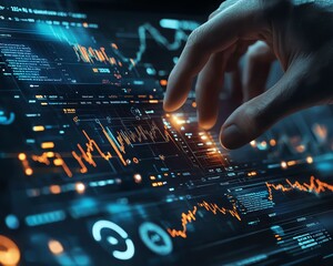 Aufkleber - Hand controlling digital financial data and complex algorithmic lines, futuristic interface with glowing blue and white tones