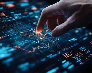 Leinwandbilder - Hand controlling digital financial charts and complex algorithmic lines on a hightech interface, futuristic and sleek design