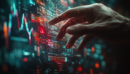 Leinwandbilder - Hand manipulating digital financial charts and algorithmic lines on a holographic interface, advanced futuristic technology