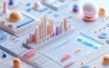 Wall Mural - innovative 3d digital interface featuring interactive graphs, charts, and code blocks, pristine whit