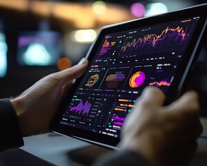Leinwandbilder - Professional businessperson interacting with tablet displaying financial charts and binary code holograms, sleek office background