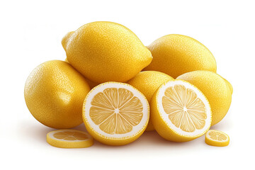 Group of whole and half ripe lemons with leaves, isolated on white background. Food and drink ingredients preparing. healthy diet concept. front view with copy space