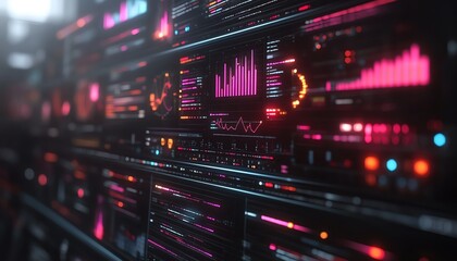 Fototapete - 3Drendered digital dashboard with charts, graphs, and live code snippets, bright white background, futuristic tech look