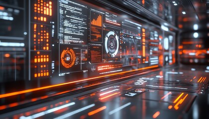 Fototapete - 3Drendered digital dashboard with charts, graphs, and live code snippets, bright white background, futuristic tech look